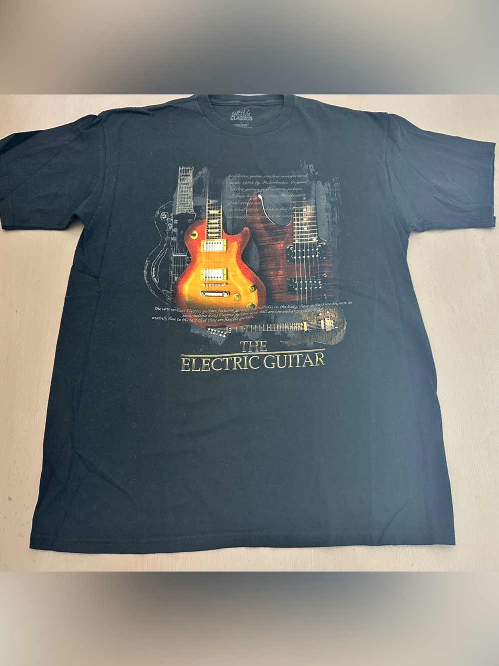Vintage Style Electric Guitar Graphic Tee Shirt Black Mens L Rock Music Band